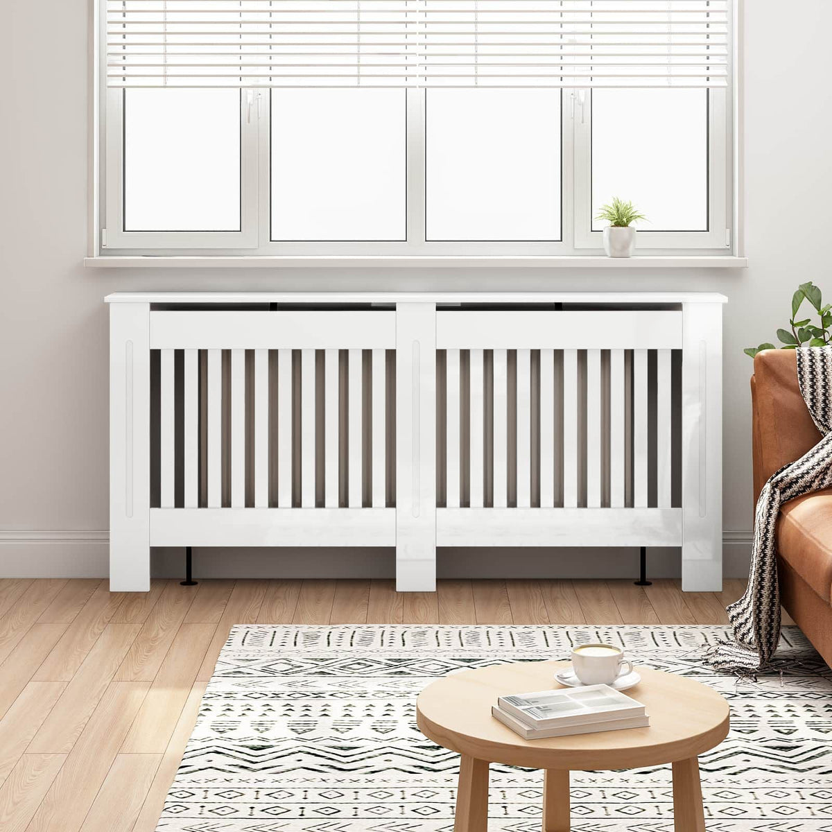 Cache-radiateur en bois à lattes avec étagère – 13 coloris, 5 tailles