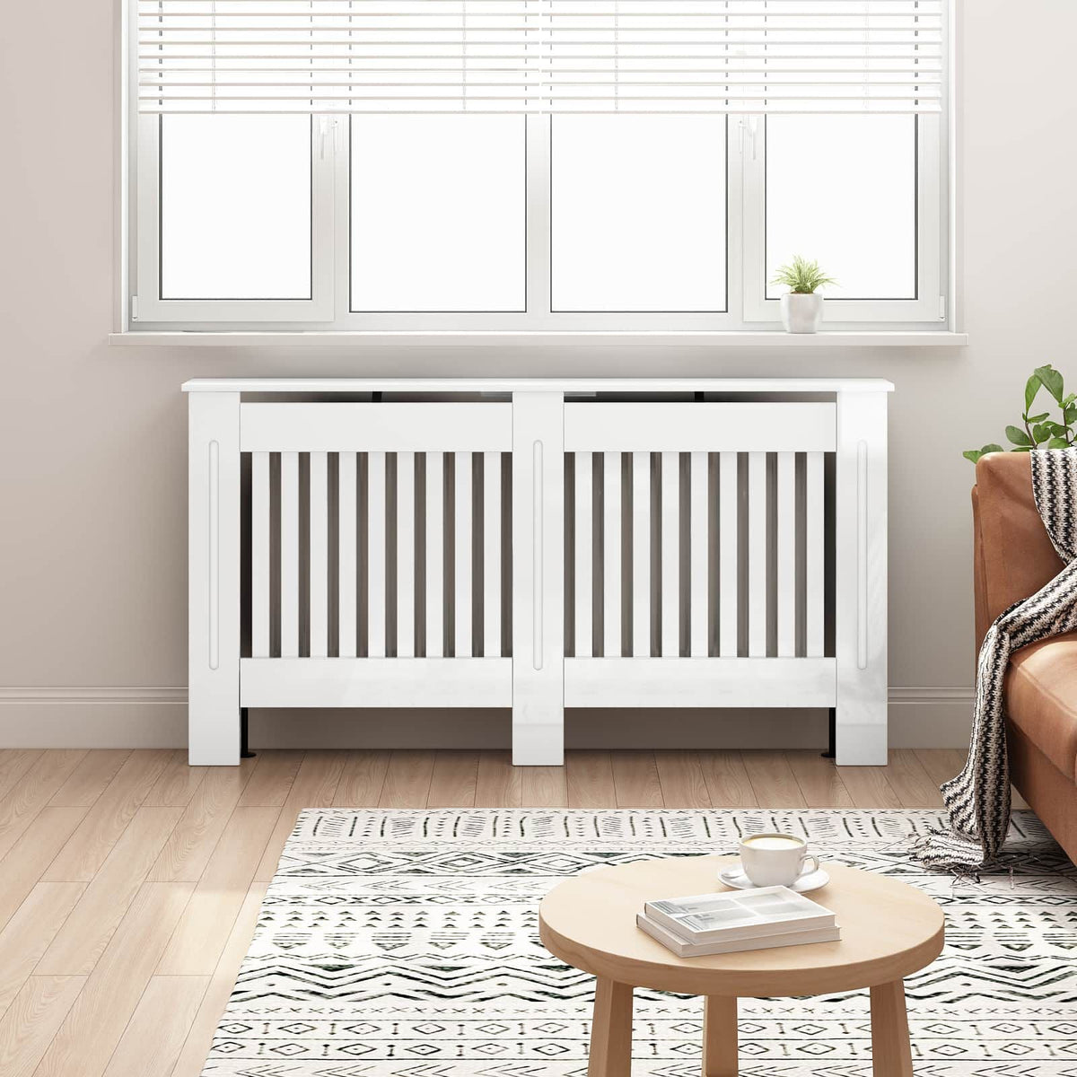 Cache-radiateur en bois à lattes avec étagère – 13 coloris, 5 tailles