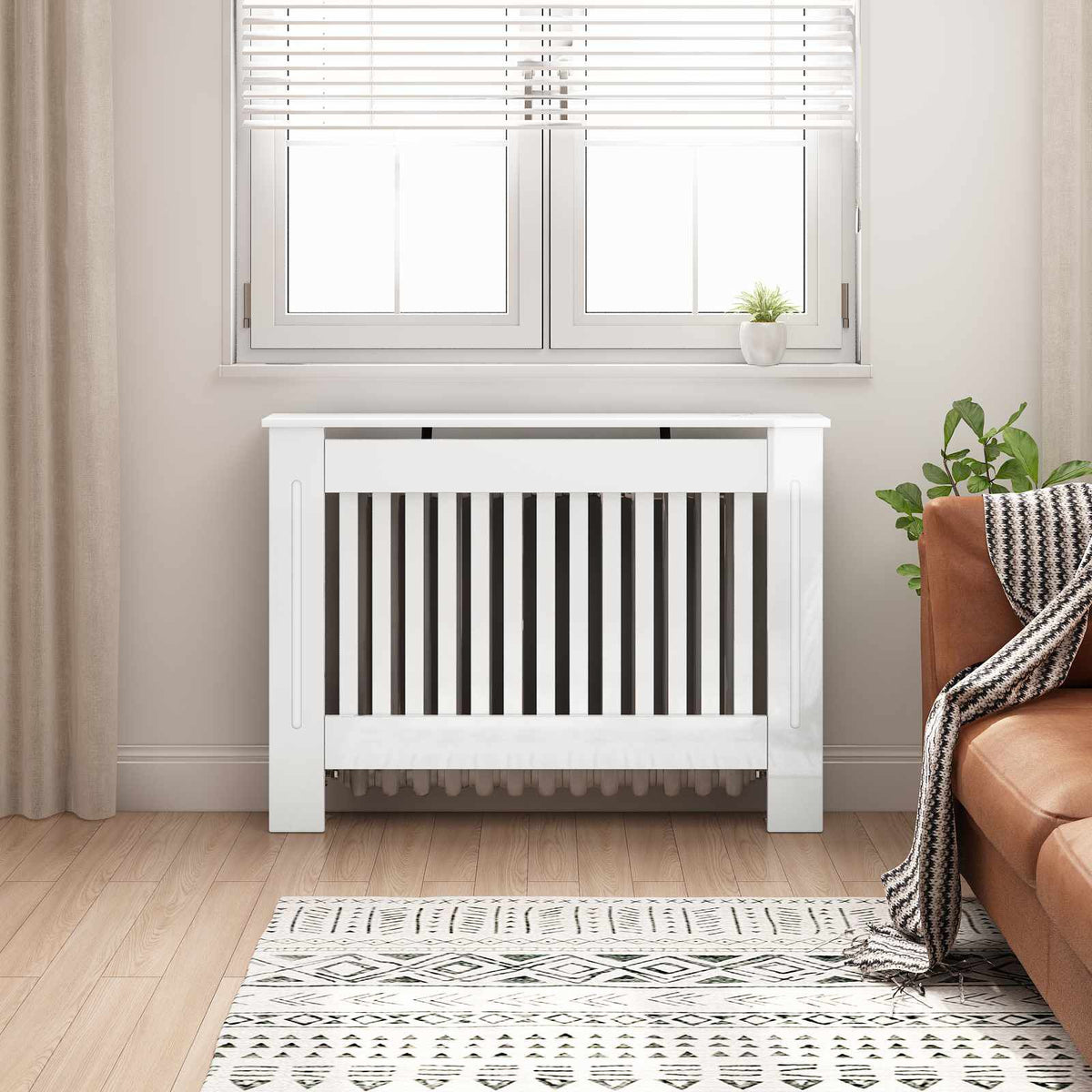 Cache-radiateur en bois à lattes avec étagère – 13 coloris, 5 tailles